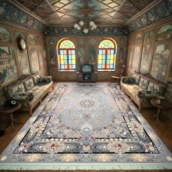 فرش ماشینی 1200 شانه تراکم 3600 گل برجسته طرح گندم نقره ای - بازارفرش - فرش 1200 شانه