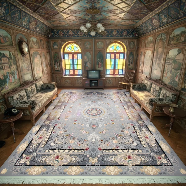 فرش ماشینی 1200 شانه تراکم 3600 گل برجسته طرح گندم نقره ای