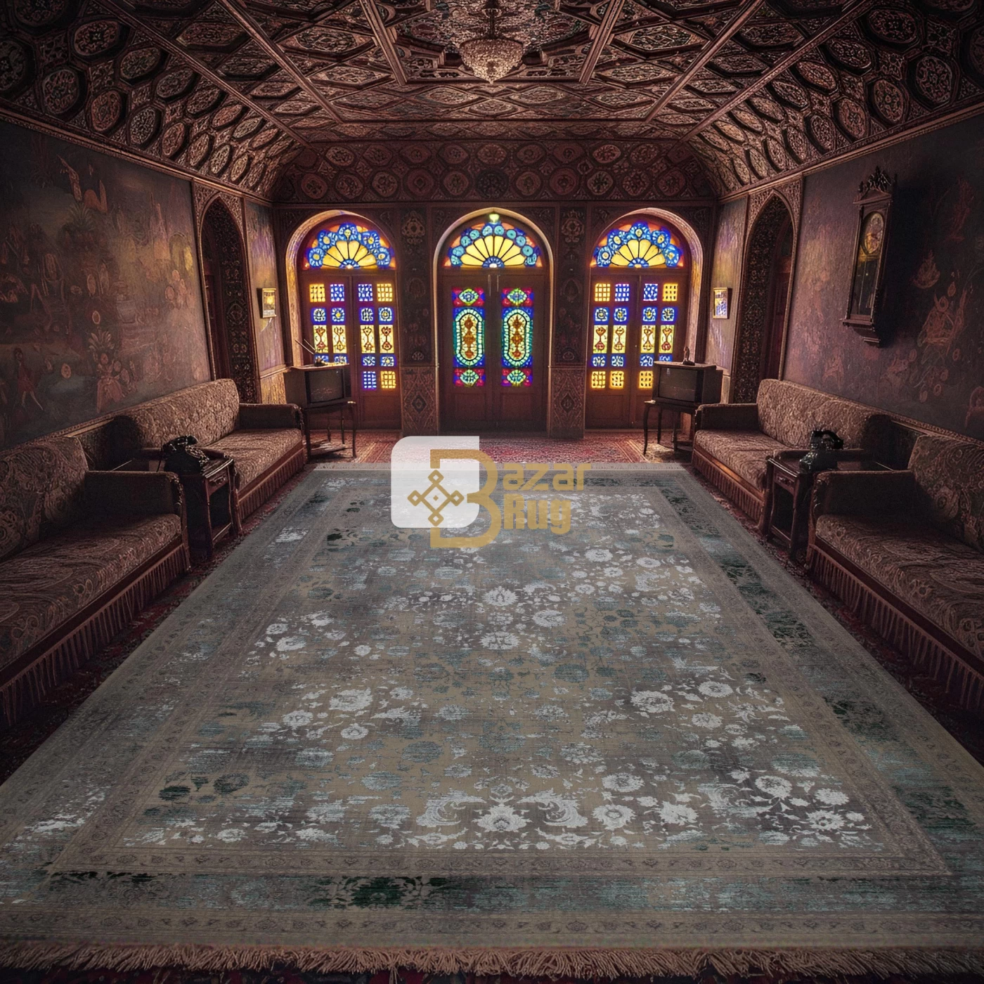 فرش ماشینی ۱۲۰۰ شانه تراکم ۳۶۰۰ گل برجسته طرح هستی صدفی  سبز