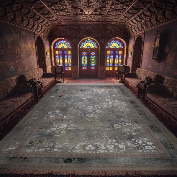 فرش ماشینی ۱۲۰۰ شانه تراکم ۳۶۰۰ گل برجسته طرح هستی صدفی  سبز