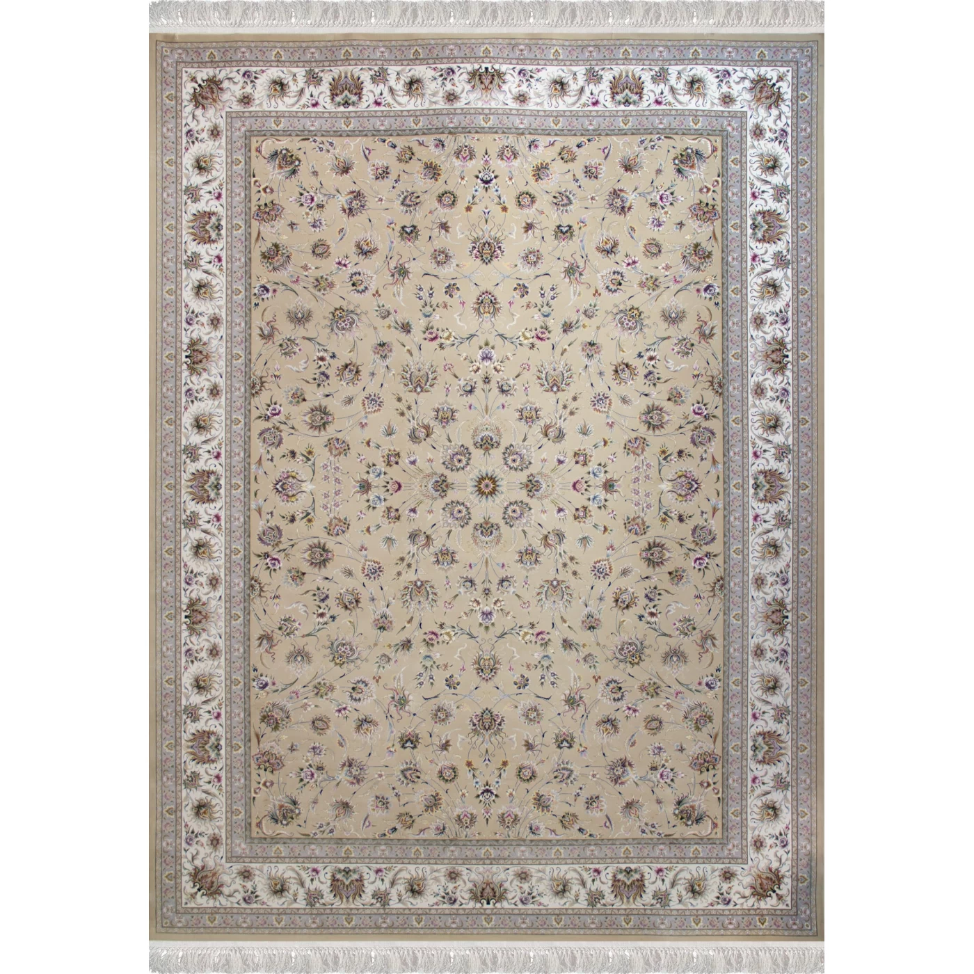 فرش ماشینی ۱۲۰۰ شانه تراکم ۳۶۰۰ گل برجسته طرح هلن بژ