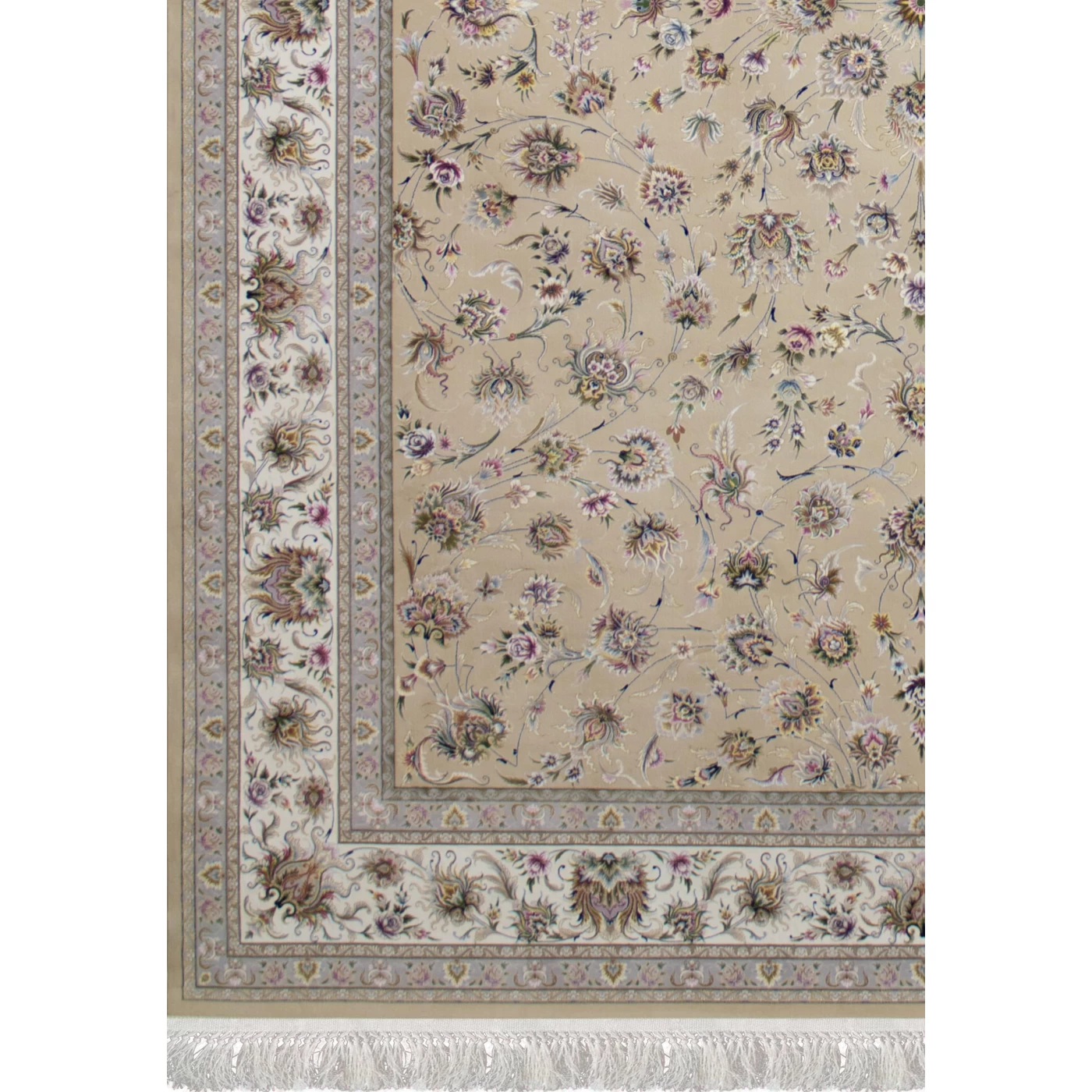 فرش ماشینی ۱۲۰۰ شانه تراکم ۳۶۰۰ گل برجسته طرح هلن بژ