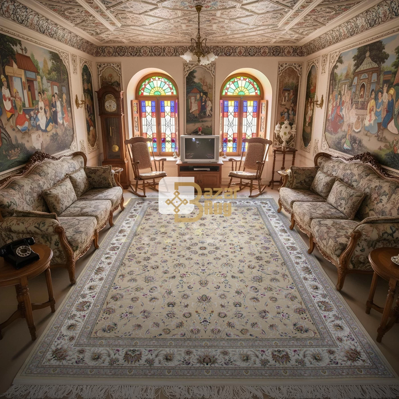 فرش ماشینی ۱۲۰۰ شانه تراکم ۳۶۰۰ گل برجسته طرح هلن بژ