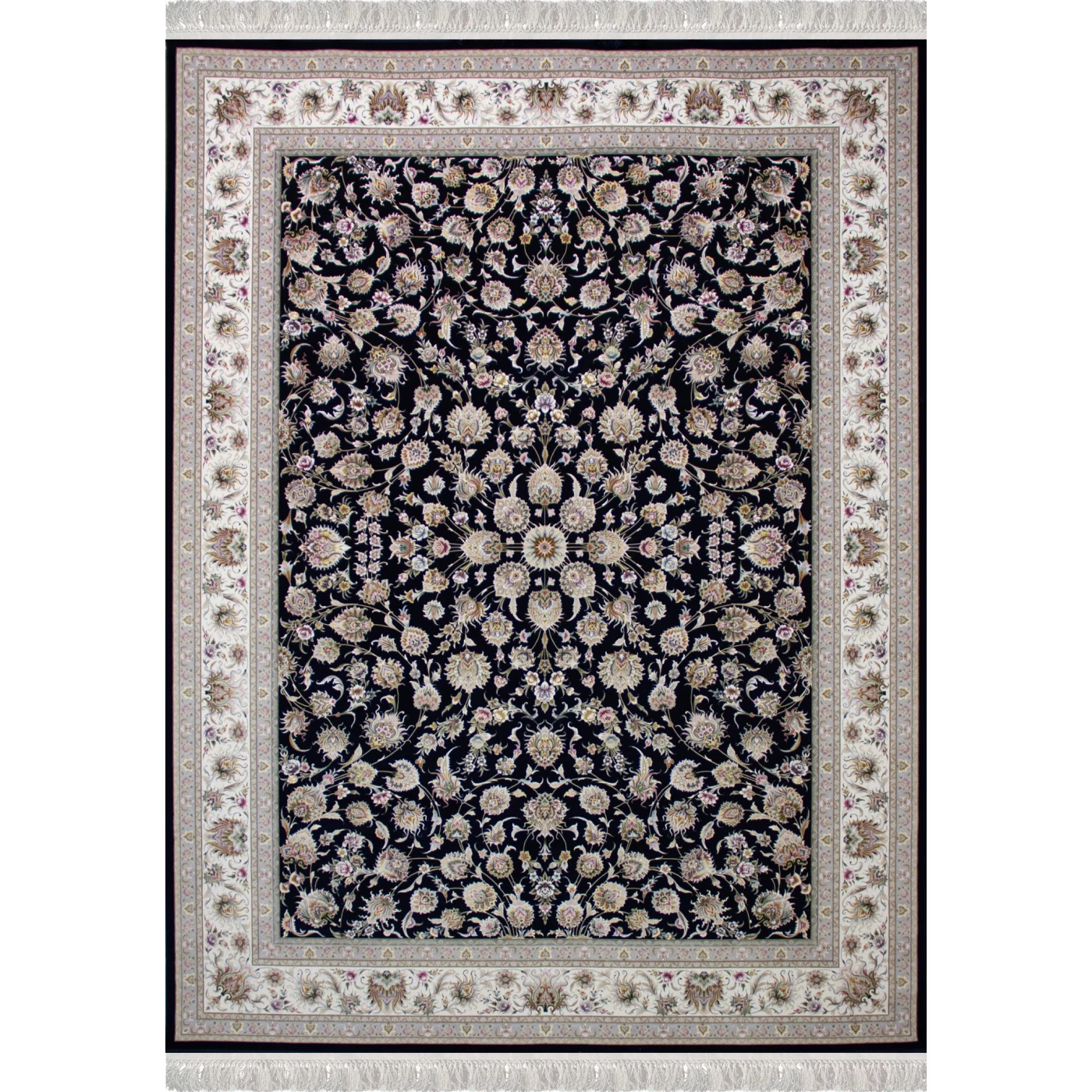 فرش ماشینی ۱۲۰۰ شانه تراکم ۳۶۰۰ گل برجسته طرح هلن سرمه ای