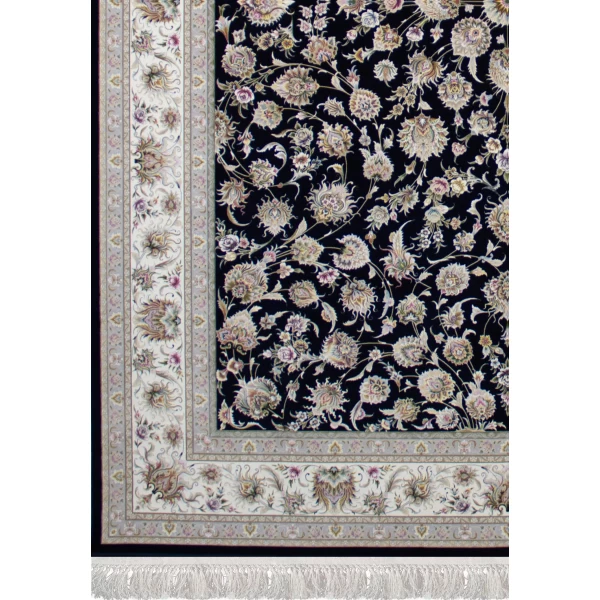 فرش ماشینی ۱۲۰۰ شانه تراکم ۳۶۰۰ گل برجسته طرح هلن سرمه ای