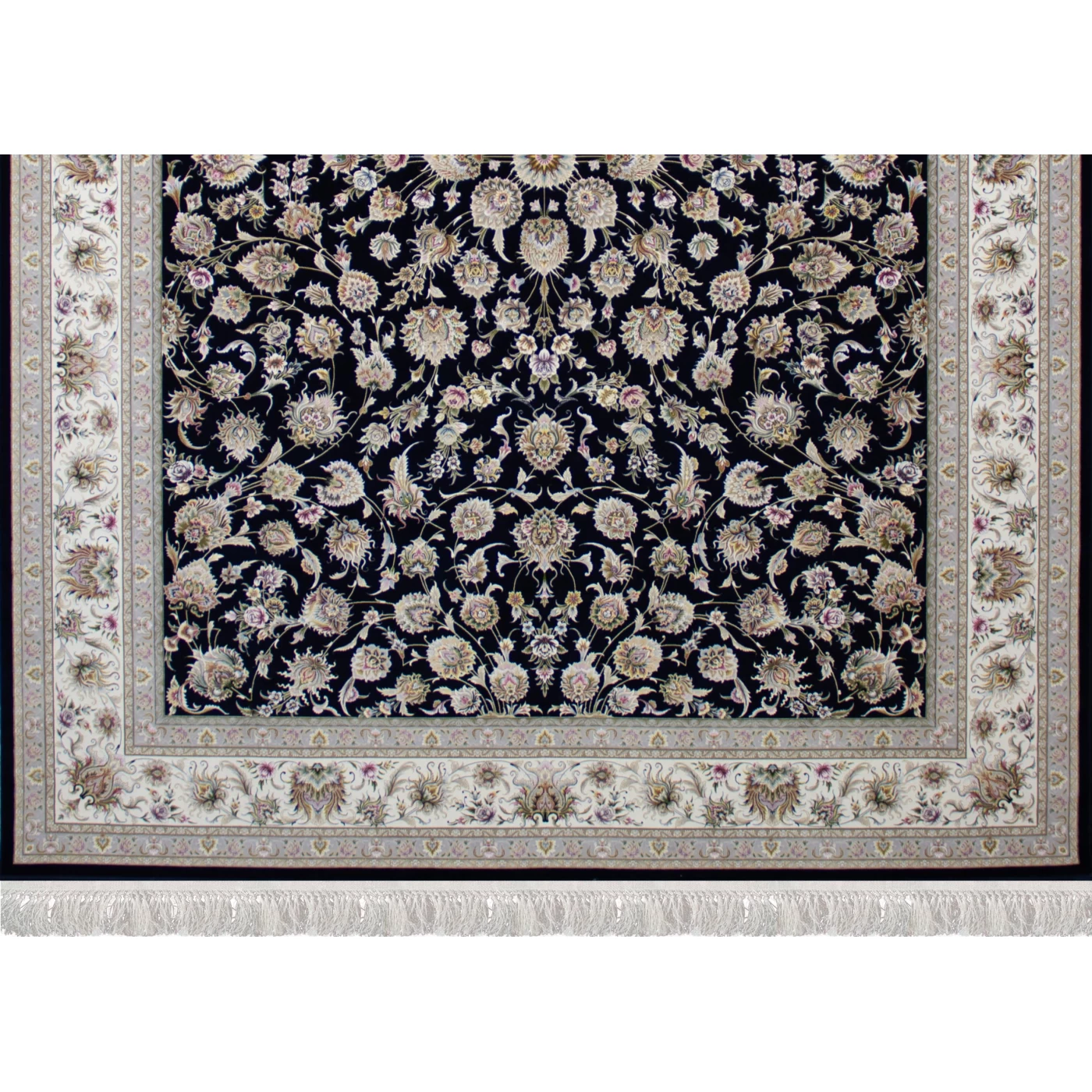 فرش ماشینی ۱۲۰۰ شانه تراکم ۳۶۰۰ گل برجسته طرح هلن سرمه ای