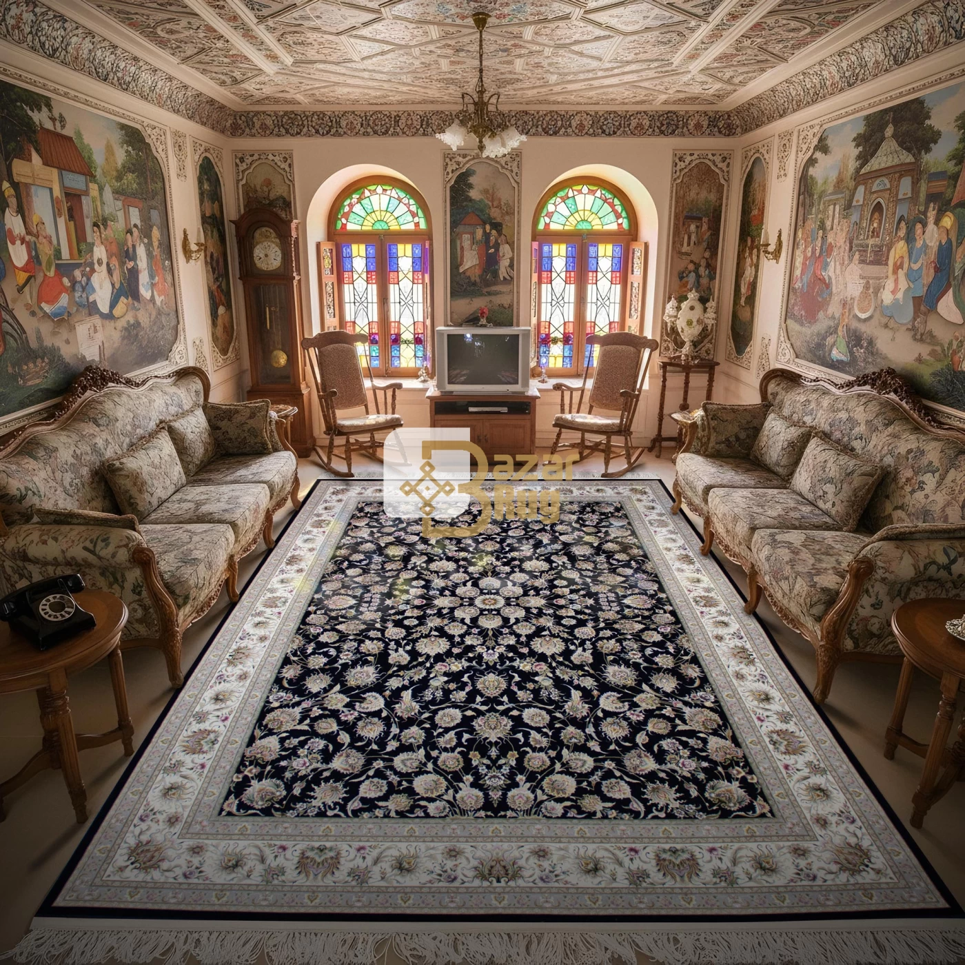 فرش ماشینی ۱۲۰۰ شانه تراکم ۳۶۰۰ گل برجسته طرح هلن سرمه ای