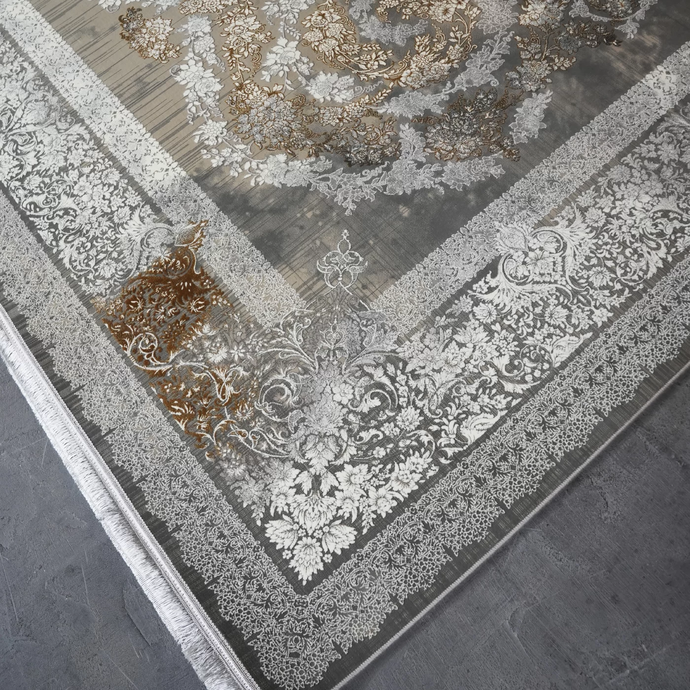 فرش ماشینی 1200 شانه تراکم 3600 گل برجسته طرح هیا فیلی