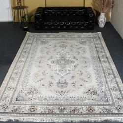 فرش ماشینی 1200 شانه تراکم 3600 گل برجسته طرح هیراد بژ - بازارفرش - فرش 1200 شانه