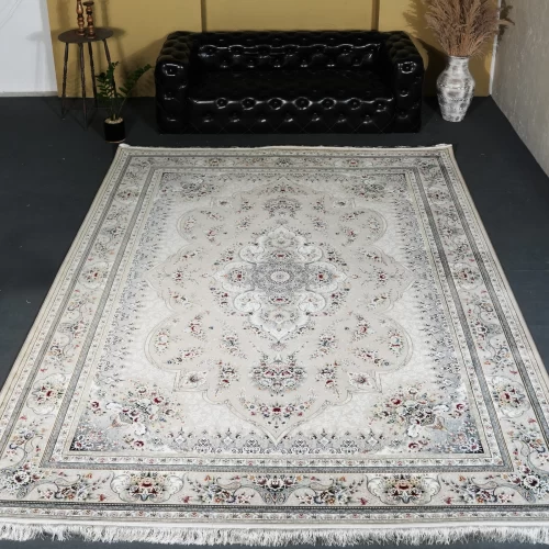 فرش ماشینی 1200 شانه تراکم 3600 گل برجسته طرح هیراد بژ