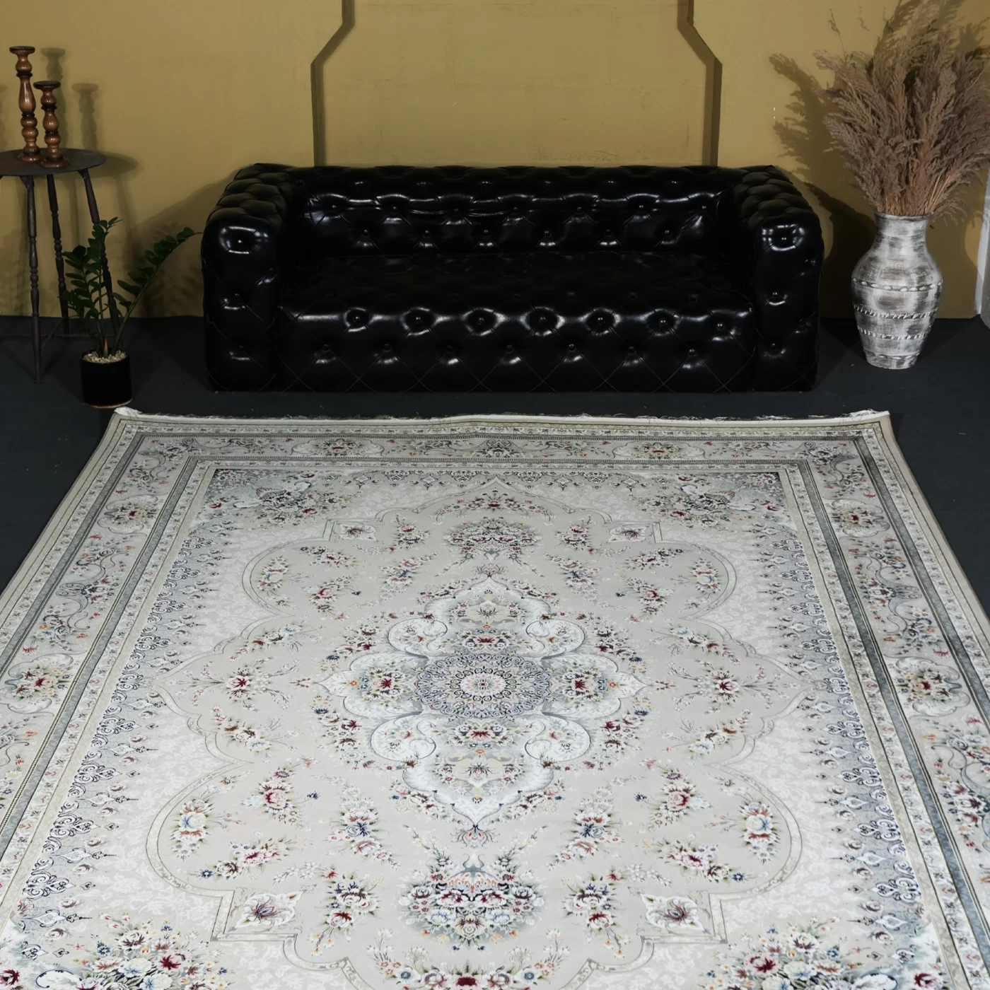 فرش ماشینی 1200 شانه تراکم 3600 گل برجسته طرح هیراد بژ