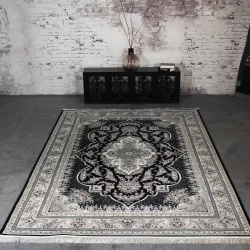 فرش ماشینی 1200 شانه تراکم 3600 گل برجسته طرح هیراد سرمه ای - بازارفرش - فرش 1200 شانه