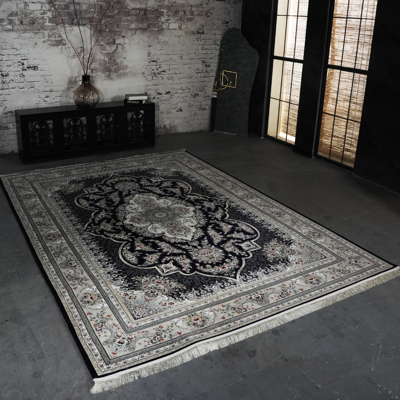 فرش ماشینی 1200 شانه تراکم 3600 گل برجسته طرح هیراد سرمه ای