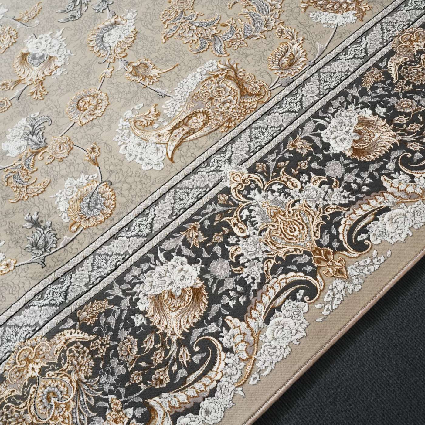 فرش ماشینی 1200 شانه تراکم 3600 گل برجسته طرح همایون بژ