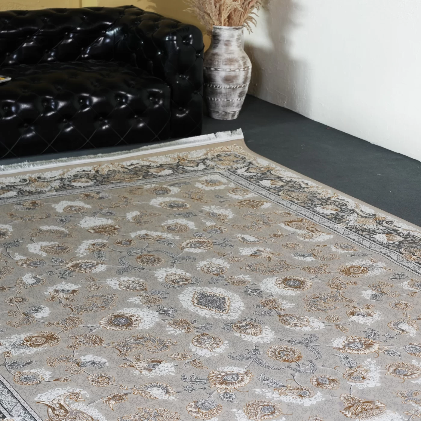 فرش ماشینی 1200 شانه تراکم 3600 گل برجسته طرح همایون بژ