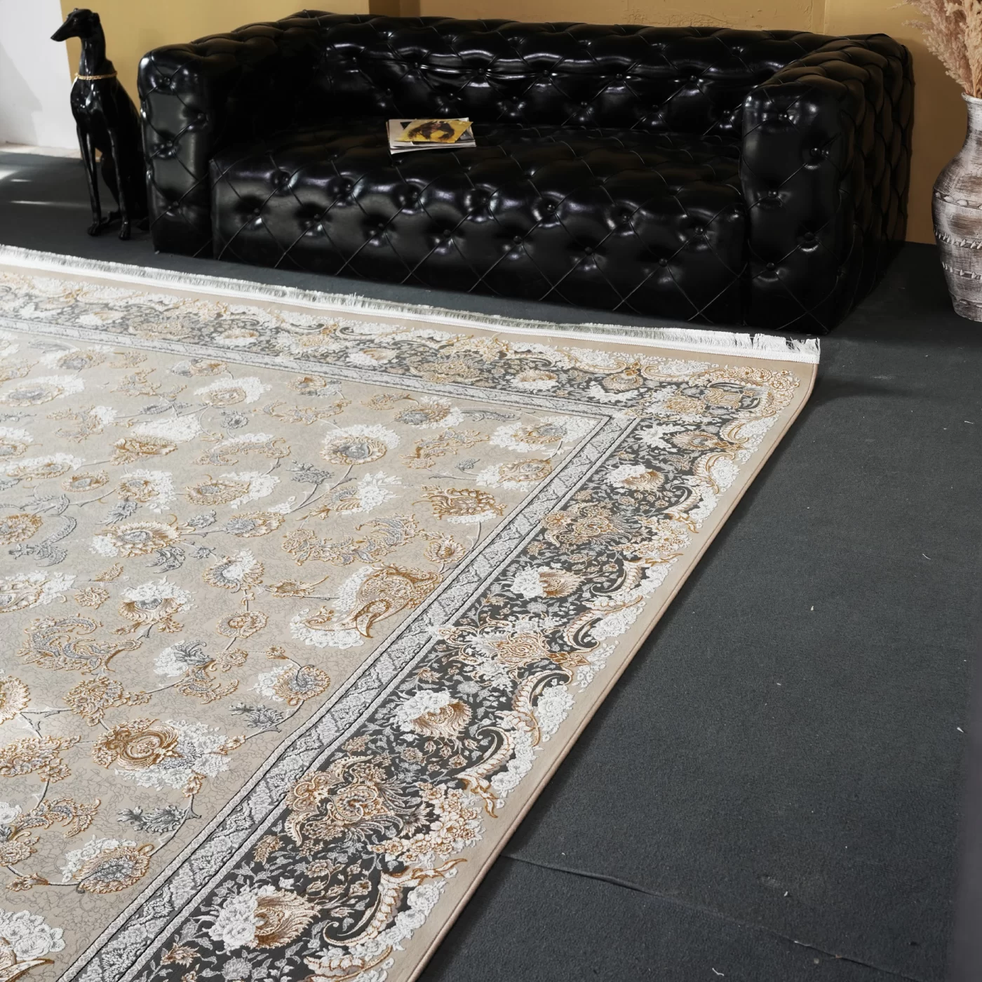 فرش ماشینی 1200 شانه تراکم 3600 گل برجسته طرح همایون بژ