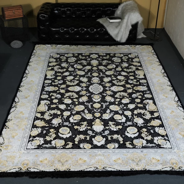 فرش ماشینی 1200 شانه تراکم 3600 گل برجسته طرح همایون سرمه ای