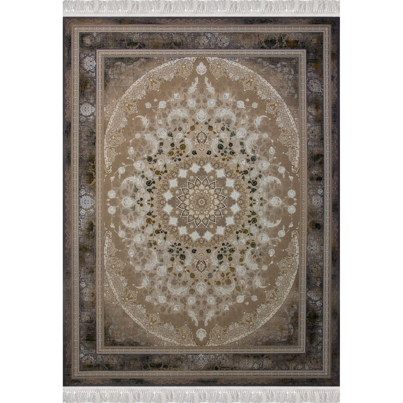 فرش ماشینی 1200 شانه تراکم 3600 گل برجسته طرح جواهر صدفی حاشیه دلفینی