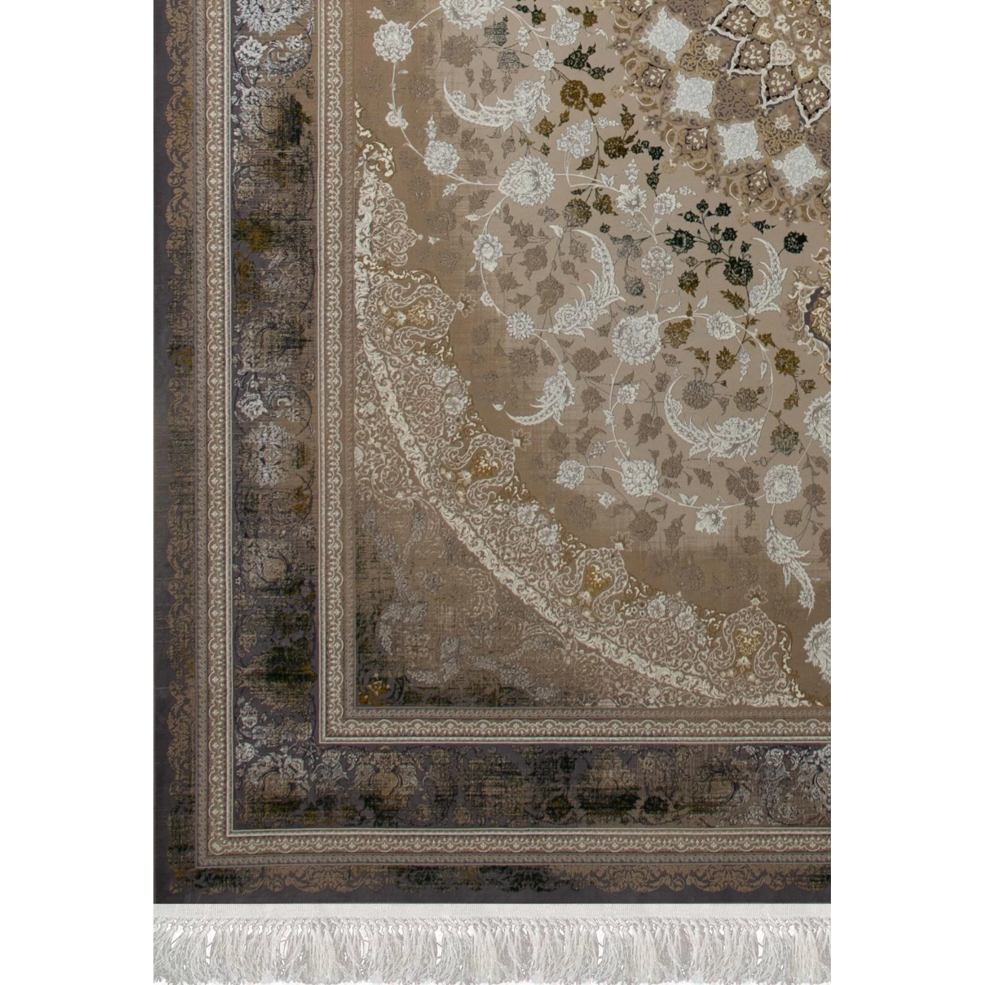 فرش ماشینی 1200 شانه تراکم 3600 گل برجسته طرح جواهر صدفی حاشیه دلفینی