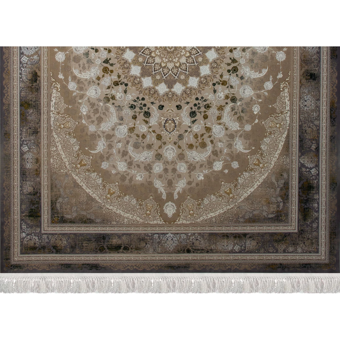 فرش ماشینی 1200 شانه تراکم 3600 گل برجسته طرح جواهر صدفی حاشیه دلفینی