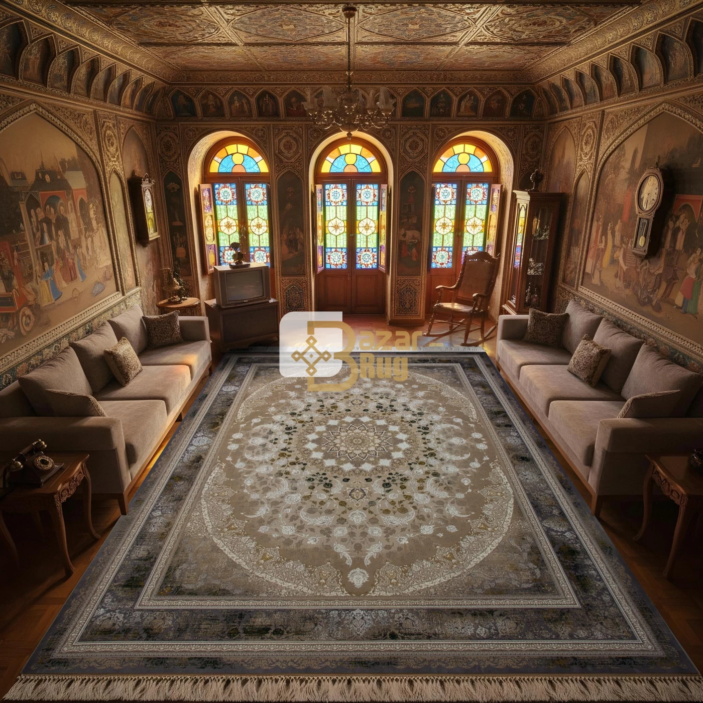 فرش ماشینی 1200 شانه تراکم 3600 گل برجسته طرح جواهر صدفی حاشیه دلفینی