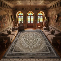 فرش ماشینی 1200 شانه تراکم 3600 گل برجسته طرح جواهر صدفی حاشیه دلفینی