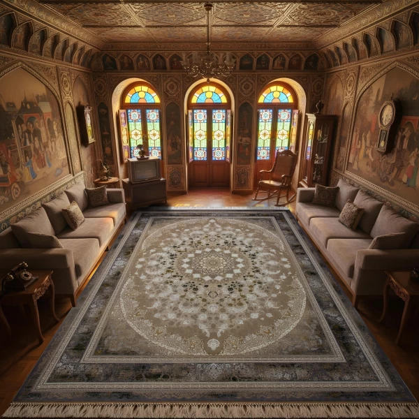 فرش ماشینی 1200 شانه تراکم 3600 گل برجسته طرح جواهر صدفی حاشیه دلفینی