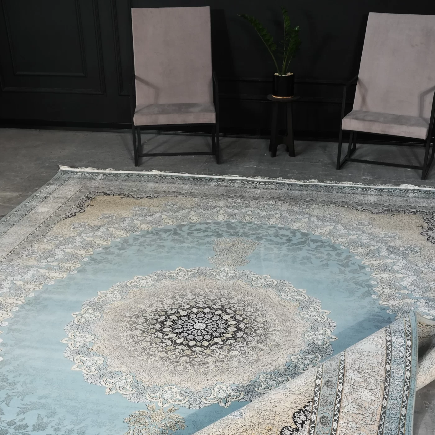 فرش ماشینی 1200 شانه تراکم 3600 گل برجسته طرح جاویدان آبی