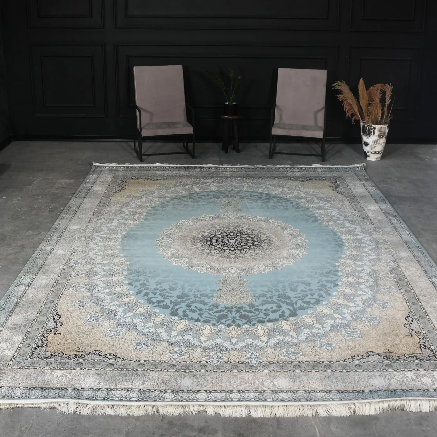 فرش ماشینی 1200 شانه تراکم 3600 گل برجسته طرح جاویدان آبی