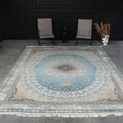 فرش ماشینی 1200 شانه تراکم 3600 گل برجسته طرح جاویدان آبی - بازارفرش - فرش 1200 شانه