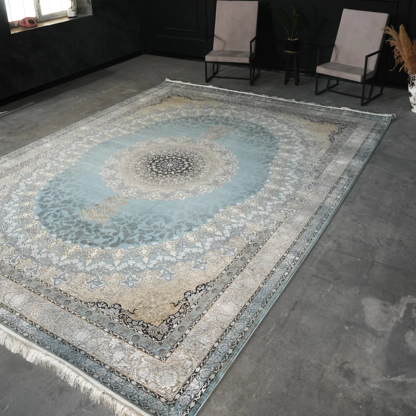 فرش ماشینی 1200 شانه تراکم 3600 گل برجسته طرح جاویدان آبی