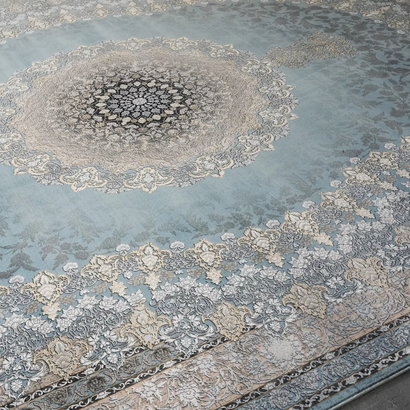 فرش ماشینی 1200 شانه تراکم 3600 گل برجسته طرح جاویدان آبی