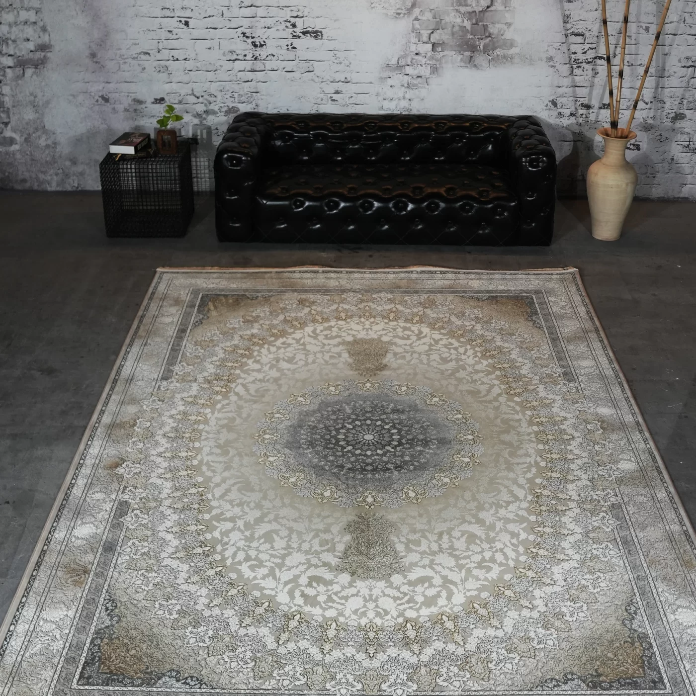 فرش ماشینی 1200 شانه تراکم 3600 گل برجسته طرح جاویدان بژ