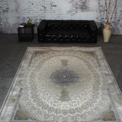 فرش ماشینی 1200 شانه تراکم 3600 گل برجسته طرح جاویدان بژ - بازارفرش - فرش 1200 شانه