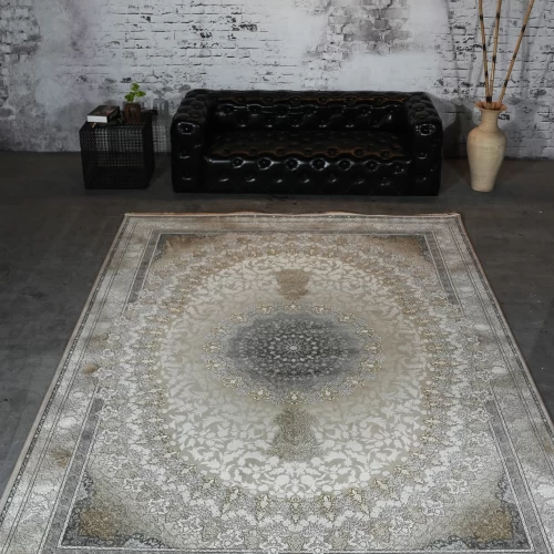 فرش ماشینی 1200 شانه تراکم 3600 گل برجسته طرح جاویدان بژ