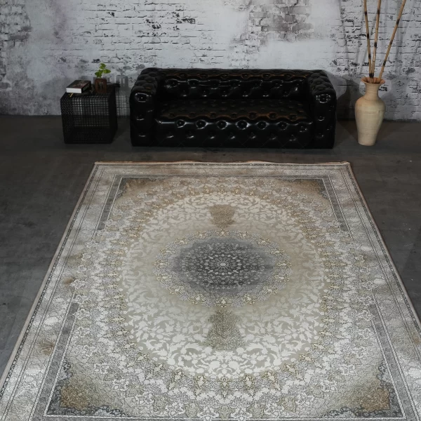 فرش ماشینی 1200 شانه تراکم 3600 گل برجسته طرح جاویدان بژ