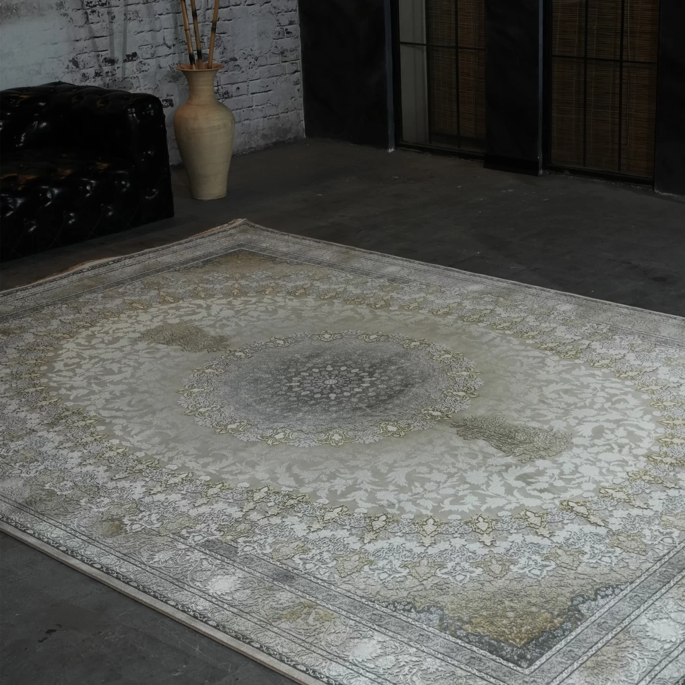 فرش ماشینی 1200 شانه تراکم 3600 گل برجسته طرح جاویدان بژ