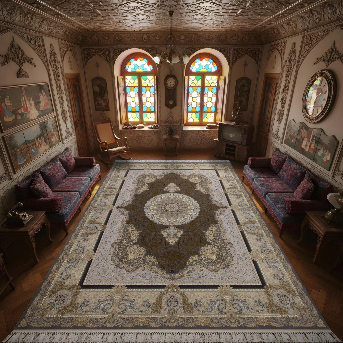 فرش ماشینی ۱۲۰۰ شانه تراکم ۳۶۰۰ گل برجسته طرح جزیره دلفینی