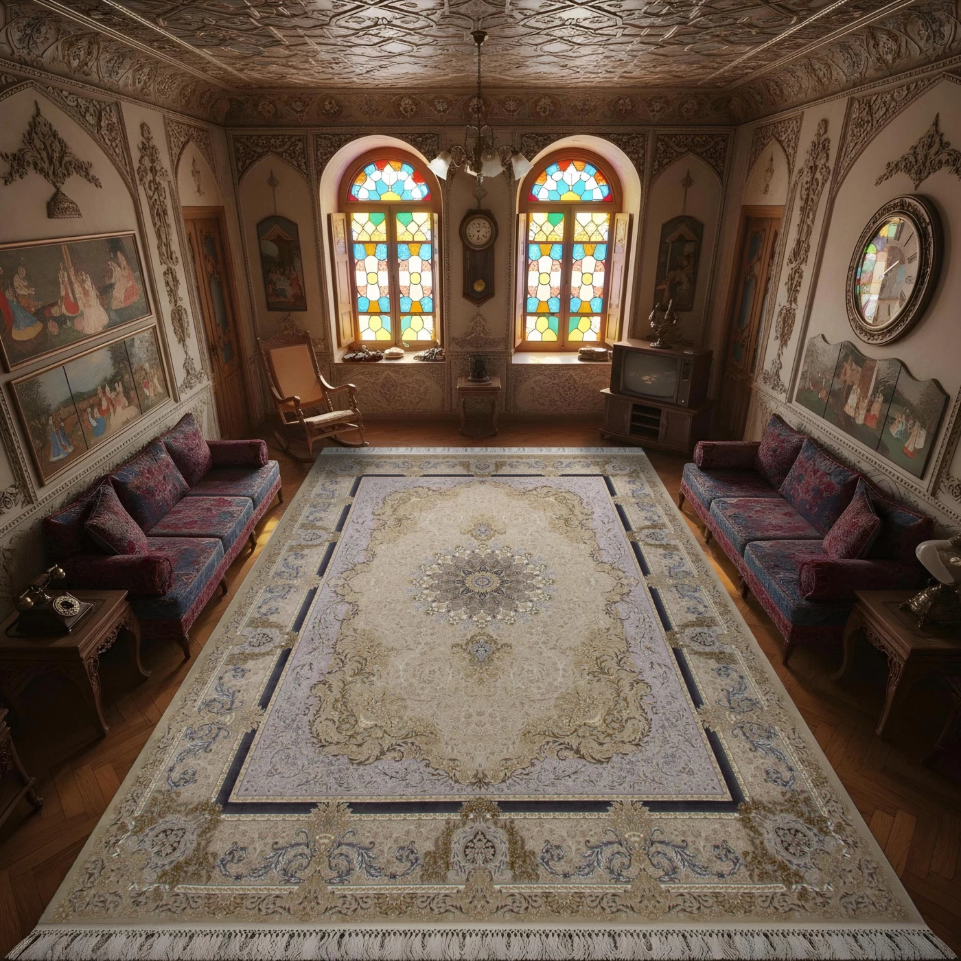  فرش ماشینی 1200 شانه تراکم 3600 گل برجسته طرح جزیره صدفی