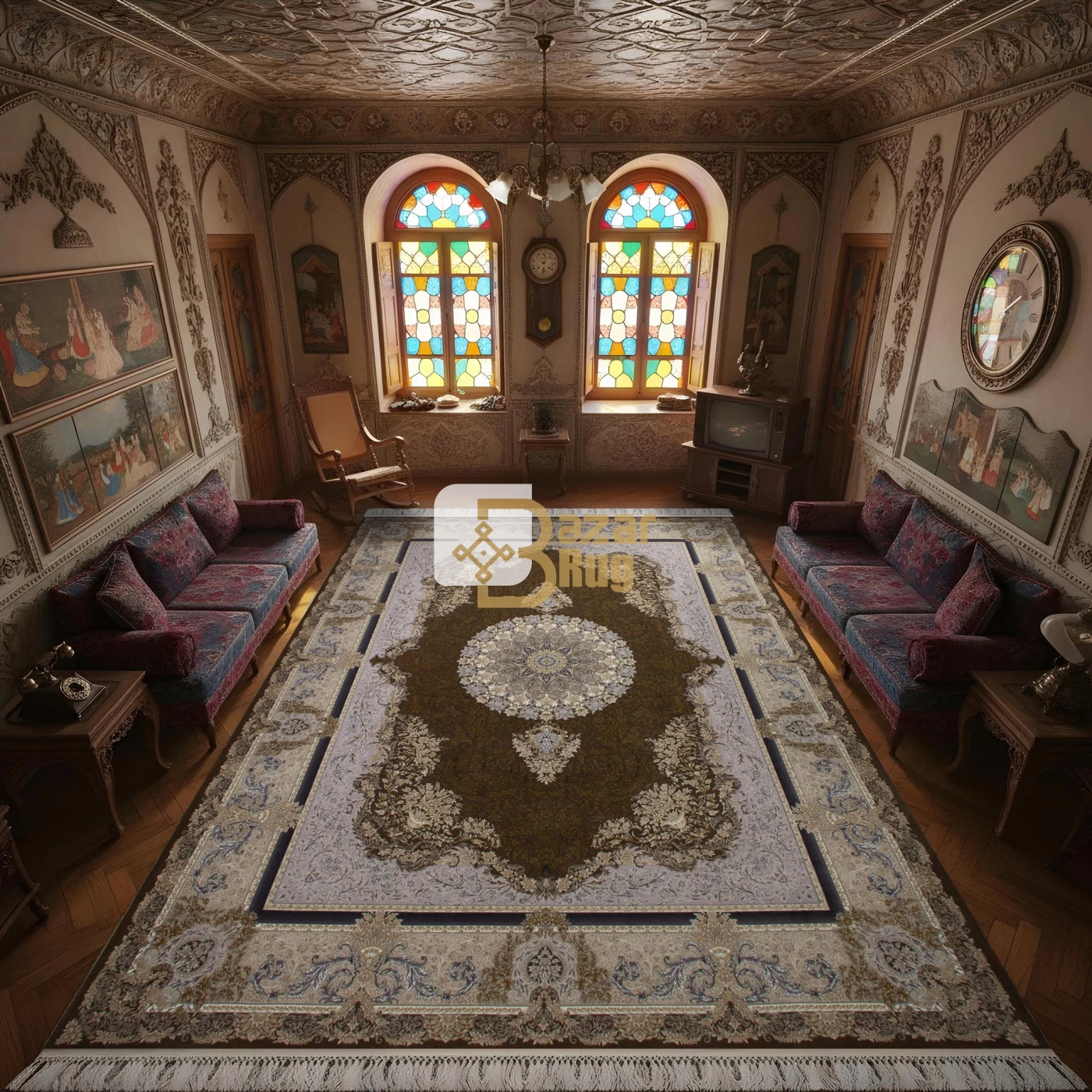 فرش ماشینی 1200 شانه تراکم 3600 گل برجسته طرح جزیره شکلاتی