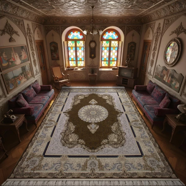 فرش ماشینی 1200 شانه تراکم 3600 گل برجسته طرح جزیره شکلاتی