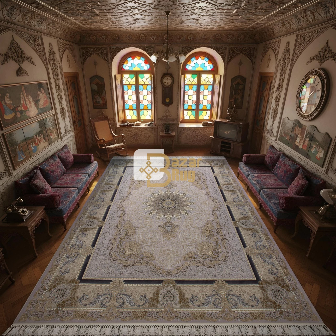 فرش ماشینی 1200 شانه تراکم 3600 گل برجسته طرح جزیره یاسی