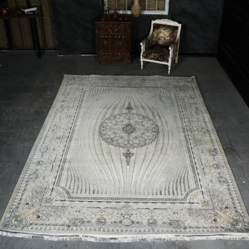 فرش ماشینی 1200 شانه تراکم 3600 گل برجسته طرح خلیفه بژ