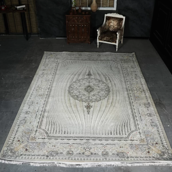 فرش ماشینی 1200 شانه تراکم 3600 گل برجسته طرح خلیفه بژ