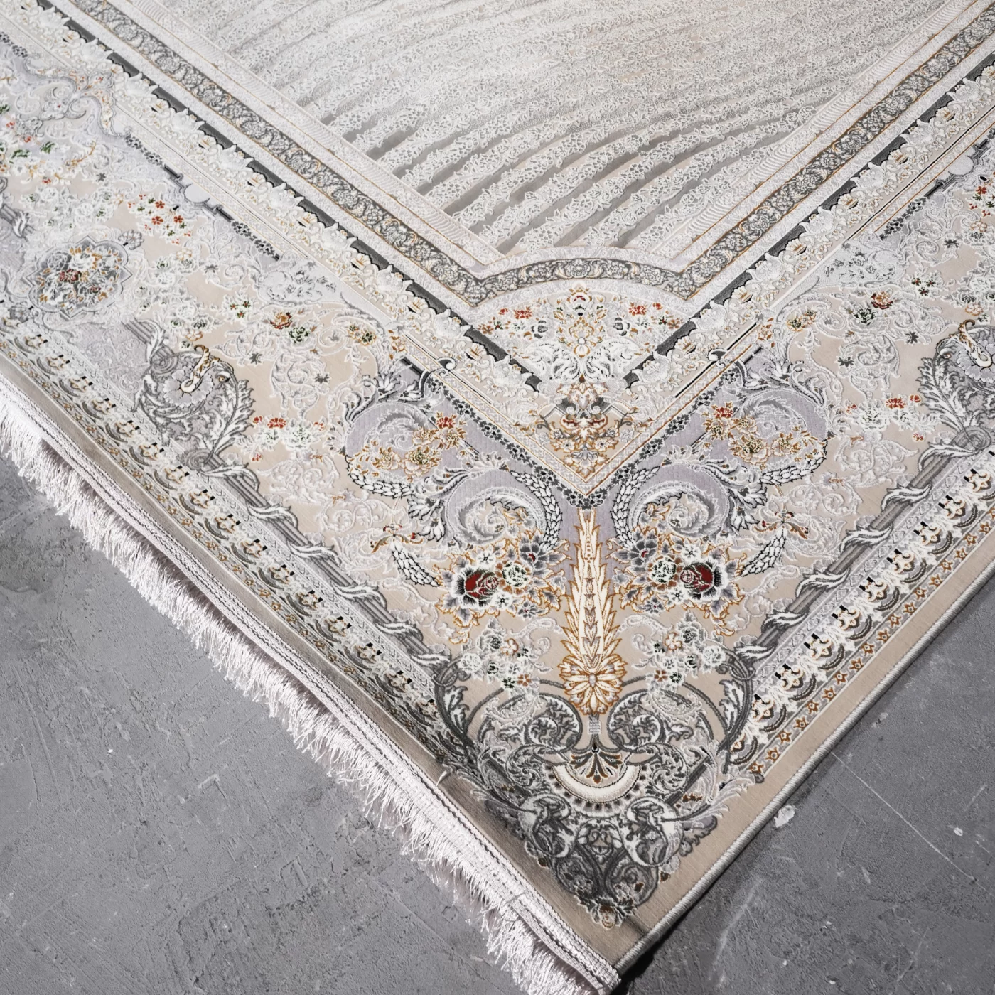 فرش ماشینی 1200 شانه تراکم 3600 گل برجسته طرح خلیفه بژ