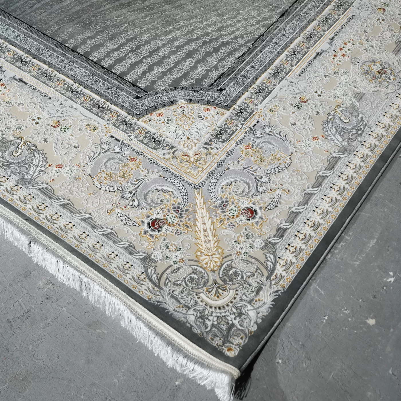 فرش ماشینی 1200 شانه تراکم 3600 گل برجسته طرح خلیفه دلفینی