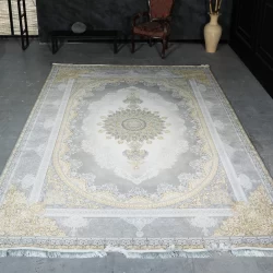 فرش ماشینی 1200 شانه تراکم 3600 گل برجسته طرح کارن نقره ای - بازارفرش - فرش 1200 شانه