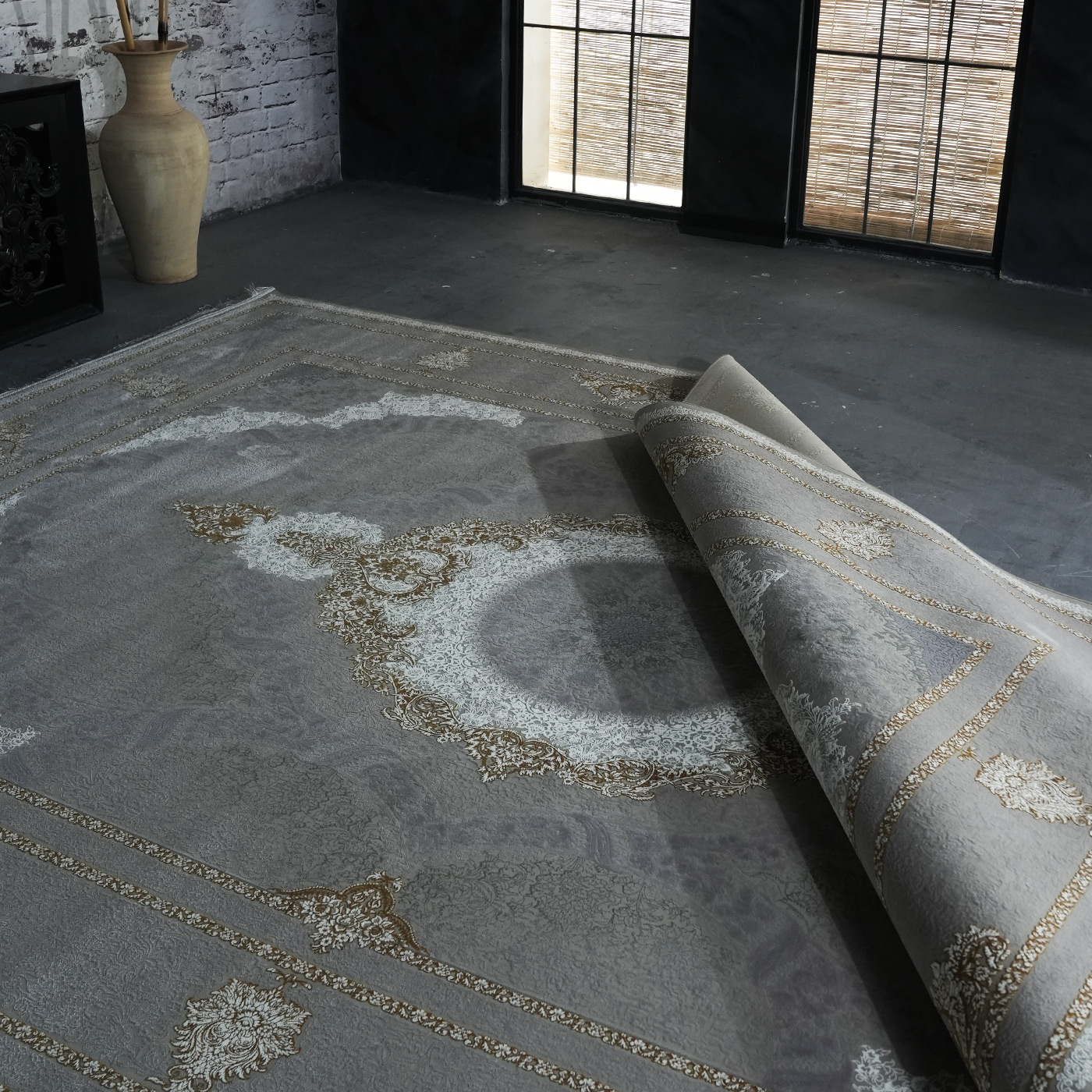 فرش ماشینی 1200 شانه تراکم 3600 گل برجسته طرح خاتون بژ