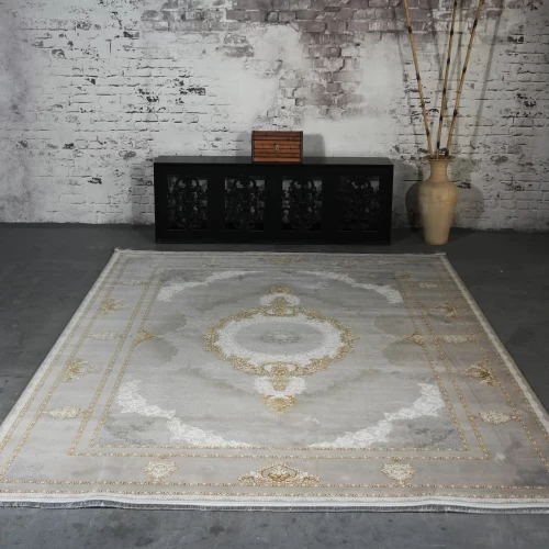 فرش ماشینی 1200 شانه تراکم 3600 گل برجسته طرح خاتون بژ