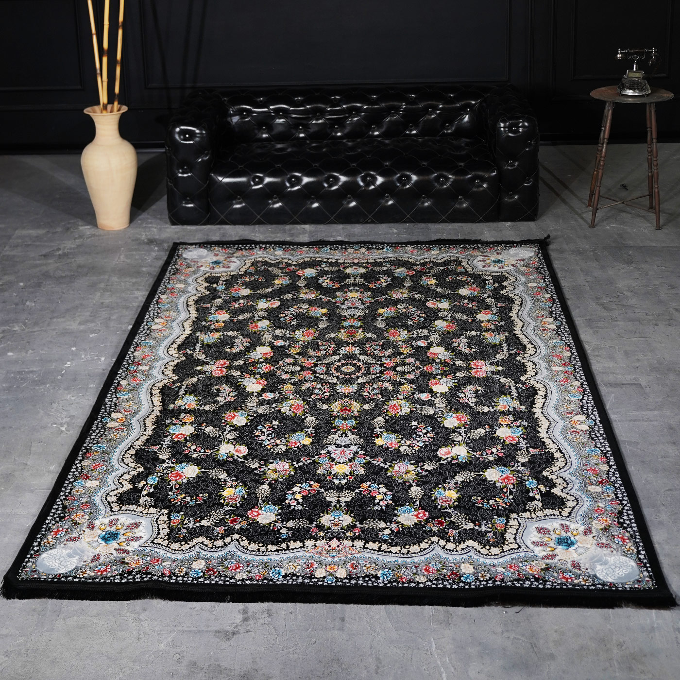 فرش ماشینی 700 شانه تراکم 2550 طرح لاویا سرمه ای